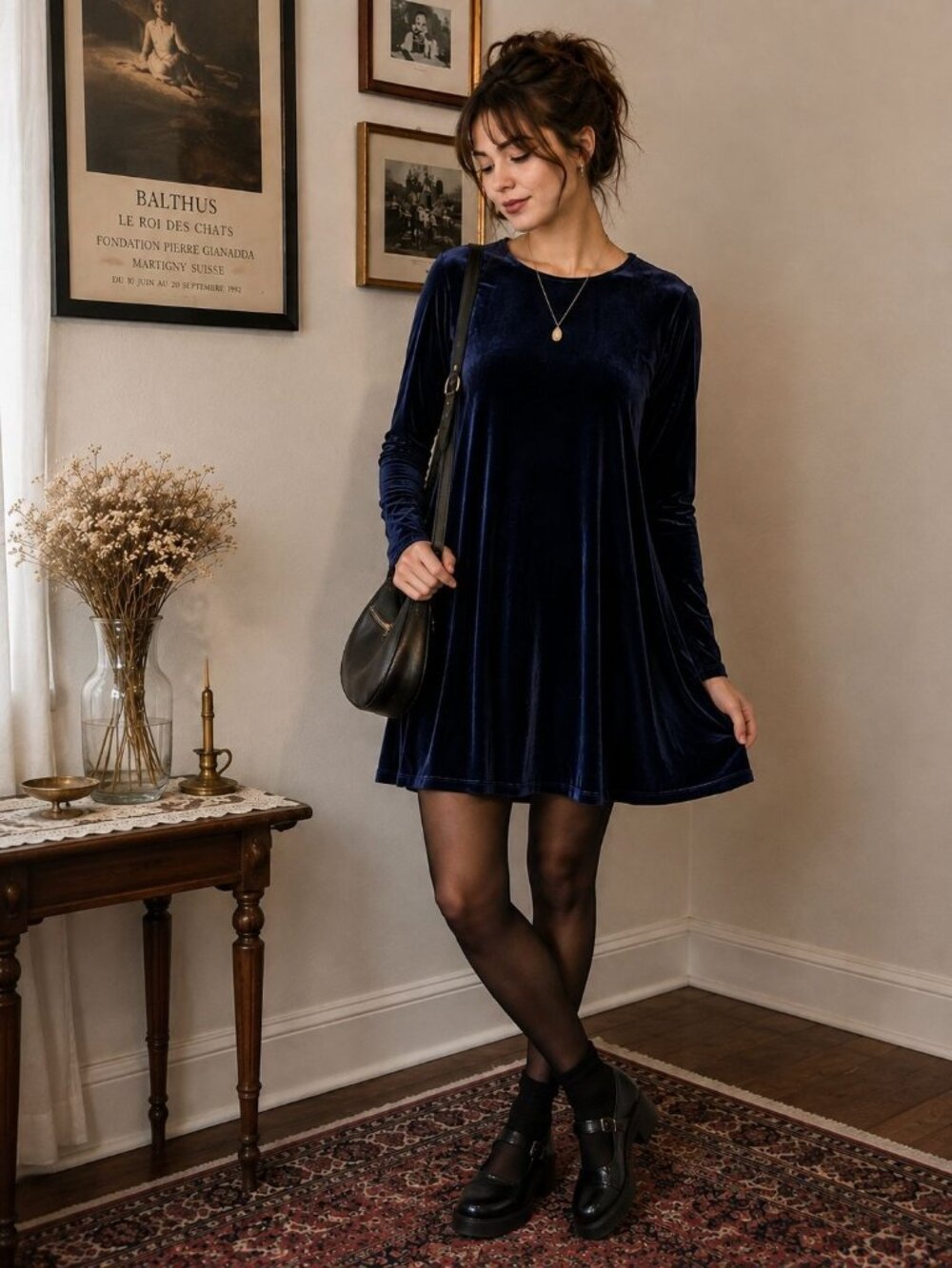 Vtg 90s Jacqueline Ferrar Dark Blue Velvet Mini Knee Length Dress Whimsigoth 12